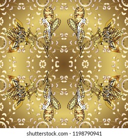 Ornamental vintage pattern on yellow, brown and neutral colors with golden elements. Christmas, snowflake, new year 2019.