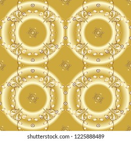 Ornamental vintage pattern on yellow, beige and neutral colors with golden elements. Christmas, snowflake, new year 2019.