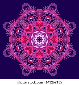 Ornamental Vintage round lace pattern, circle background for Valentine's Day with Hearts