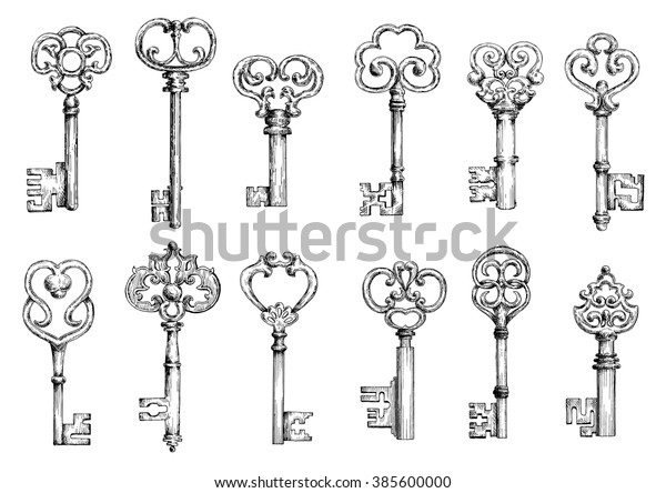 Ornamental Vintage Skeleton Keys Sketches Decorated Stock Vector ...