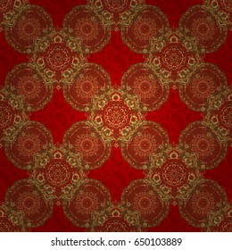 Ornamental vivid wallpaper. Colorful abstract background. Bright seamless pattern with vector geometric ornament in Christmas traditional colors (golden on red). Ethnic and tribal motifs.