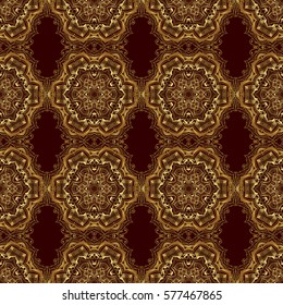 Ornamental vivid wallpaper. Ethnic and tribal motifs. Colorful abstract background. Bright seamless pattern with vector geometric ornament in Christmas traditional colors (golden on brown).