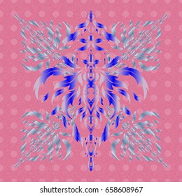 Ornamental vivid wallpaper. Ethnic and tribal motifs. Colorful abstract background. Bright seamless pattern with vector geometric ornament in Christmas traditional colors (pink and blue).