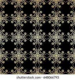 Ornamental wallpaper, vector luxury background. Vintage floral pattern on black with golden gradient.