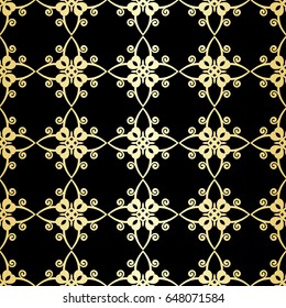 Ornamental wallpaper, vector luxury background. Vintage floral pattern on black with golden gradient.