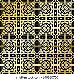 Ornamental wallpaper, vector luxury background. Vintage floral pattern on black with golden gradient.