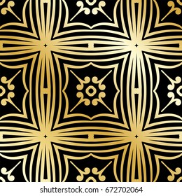 Ornamental wallpaper, vector luxury background. Vintage pattern on black with golden gradient.