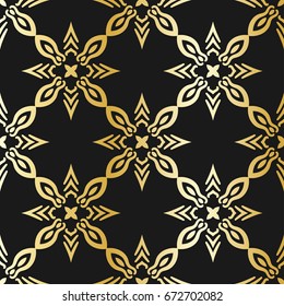 Ornamental wallpaper, vector luxury background. Vintage pattern on black with golden gradient.