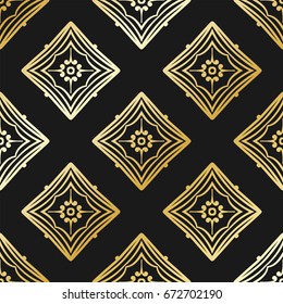 Ornamental wallpaper, vector luxury background. Vintage pattern on black with golden gradient.