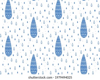 Zierwasser tropft nahtlos Muster auf weißem Hintergrund für Duschvorhang. Doodle-Stil, Vektorgrafik