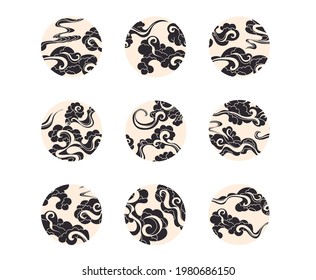 Ornamental waves in circle shape isolated vector illustration. Japanese decorative design elements. Monochrome clouds icons
