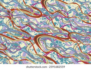 Ornamental and wavy colored backdrop for textiles or covers. Chaotic tropical motifs for fashion trends, business concepts, fabrics, cards, interior solutions, tiles, prints, posters, etc. Vector