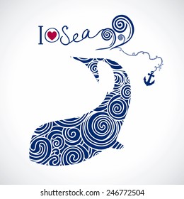 Ornamental whale. Vector illustration. I love sea.