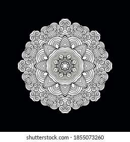 Ornamental white calligrophic vector rosette, mandala on dark background