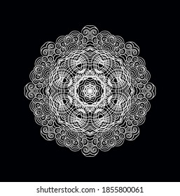 Ornamental white calligrophic vector rosette, mandala on dark background