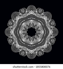 Ornamental white calligrophic vector rosette, mandala on dark background