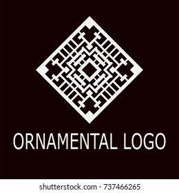 Ornamental white geometrical logo on dark background. Template for design. Vector illustration eps10