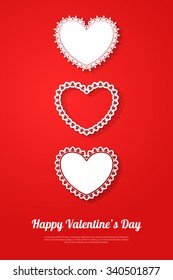 Ornamental white hearts with shadow on red background. Vector illustration. Valentines day decorative greeting card or banner with place for text. Happy Valentines Day or Mother's Day Template.