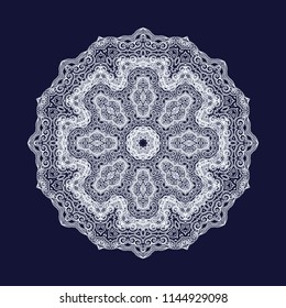 Ornamental white laced vector rosette - snowflake on dark background