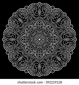 Ornamental White Mandala On A Black Background. Vector Lace Round Ornament. 