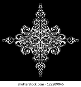 Ornamental white snowflake against black background. Tattoo pattern