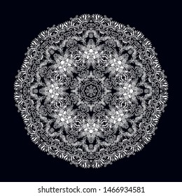 Ornamental white vector rosette, mandala on dark background