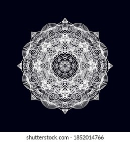 Ornamental white vector rosette, mandala on dark background