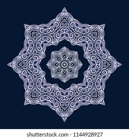 Ornamental white vector rosette - snowflake on dark background