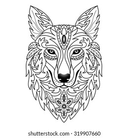 Ornamental Wolf. Vector illustration for textile prints, tattoo, web and graphic design