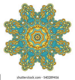 Ornamental yellow and blue pattern round. Lace mandala. Vector. 
