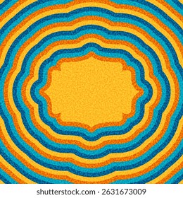 Forma de etiqueta amarela ornamental centrada em ondas vibrantes de ondulação azul e laranja.