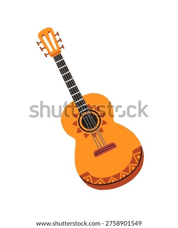 Ornamented acoustic guitar. Mexican string instrument to play music at carnival. Wooden guitarists' tool for Latin festival, Mariachi concert. Flat isolated vector illustration on white background