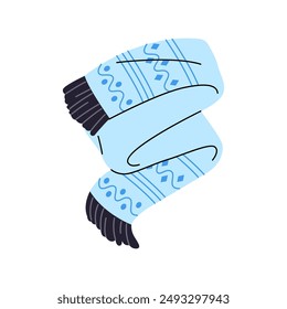 Ornamented blue scarf icon. Patterned knitted muffler foe winter, cold weather. Warm clothes, accessory for neck. Outerwear, wool neckerchief. Flat isolated vector illustration on white background