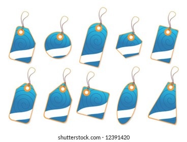 Ornamented blue tags with copy space over white background