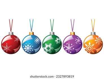 Ornamented Christmas balls with ribbons in different colors isolated over white background