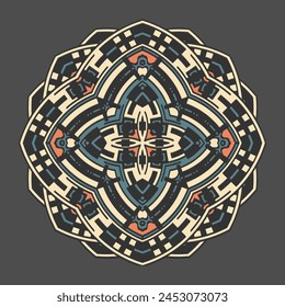 Ornamented circle with a jagged edge in a techno style. Mandala, round decorative panel. Retro palette. Vector illustration