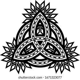 ornamented contour black and white celtic pagan symbol triquetra with abstract flowers