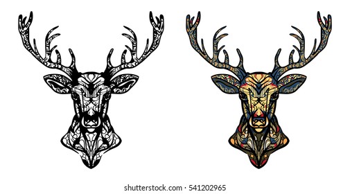 Ornamented deer hand drawn vector illustration. Ethnic animal vector illustration. African / indian / totem. Christmas magic horned deer for adult anti stress Coloring Page in zentangle style. 