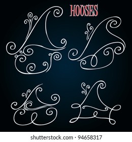 ornamented floral houses from lines - vector illustrations