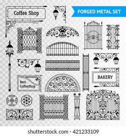 Ornamented iron castings steel forged fences elements set with gates railing and vintage shop signs black vector illustration 