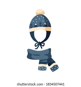 Ornamented knitted childish earflap hat and scarf. Winter chullo with pompom for children. Flat vector cartoon illustration of warm seasonal headdress for kids isolated on white background