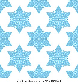 Ornamented seamless pattern. Blue 6-angled stars on white background