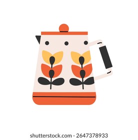 Bule de chá ornamentado para preparar bebidas à base de plantas. Pote de chá de metal para ferver a água para preparar ervas ou café. Chaleira com padrão de flores para cozinhar bebidas quentes. Ilustração de vetor isolado plano em branco