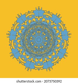 Ornament-mandala on ceramic tiles in colors of Canary Cabin palette, Scandi Retro style. Vector. Ability to change to any size without loss of quality.