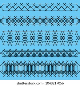 Ornaments of black iron handrails and fences on a blue background. Maritime themes of obstacles and warnings.
