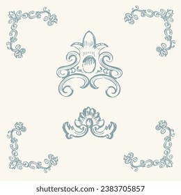 Ornaments  border elements classic vintage style hand drawn vector illustration. Frame for invitations, wedding decor, menu, monogram, paper, print. Set with elegant background template for design