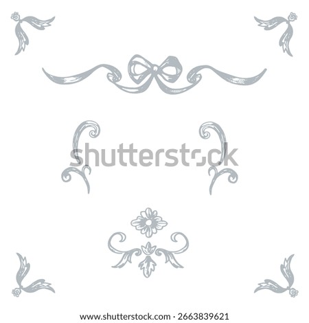 Ornaments border elements classic vintage style. Frame for invitations, wedding decor, menu, monogram, paper, print. Set with elegant background template for design. Hand drawn vector illustration