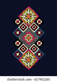 Ornaments for clothes made of knitted squares. Crochet. Folklore pattern. National decoration. Handmade.