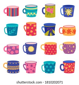 Ornaments cup. Trendy handy crafted colored cups with floral and geometrical textures drawn vector set