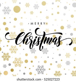 Ornaments And Decorations Of Gold For Christmas Holiday. Merry Christmas Calligraphy With Modern Background For Greeting Card.  Vector Winter Pattern Of Sparkling Golden And Silver Crystal Glitter